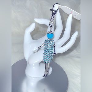 Women Car Key Holder, Bag Charm. Little Doll With Rhinestones and Pearl.